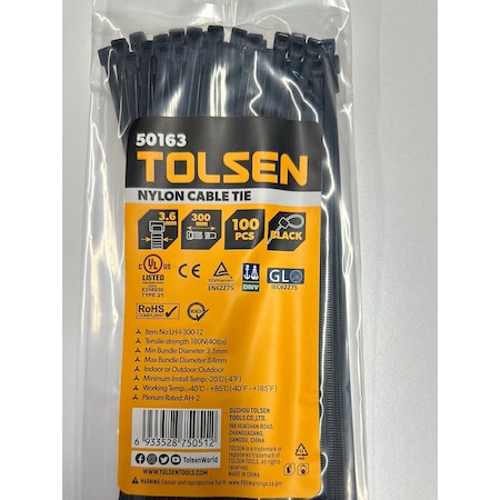 Tolsen Cable Tie, 12 in L, 84 mm Max Bundle Dia., Black, Nylon 6/6, 40 lb Strength, 100 PK 50163